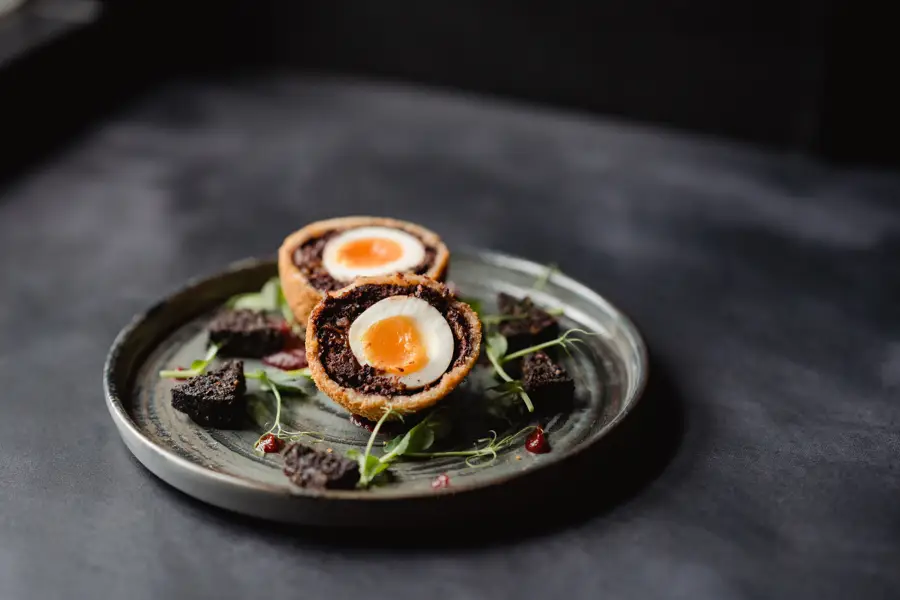 Black pudding Scotch egg, a Scottish favourite at Brunswick Book Club, Leith Walk