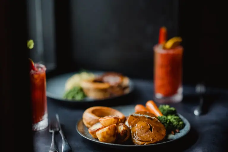Sunday roast with Yorkshire pudding, roast potatoes, carrots and broccoli at Brunswick Book Club, Leith Walk